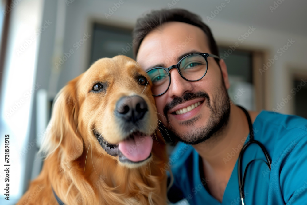 Young veterinarian with glasses hugging a dog in the clinic. Dog medicine theme
Young veterinarian with glasses hugging a dog in the clinic. Dog medicine theme