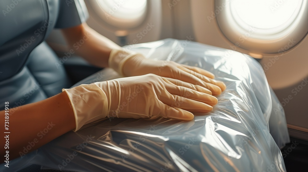 Fototapeta premium Shot of gloved hand applying protective seat cover on airplane. Generative AI.