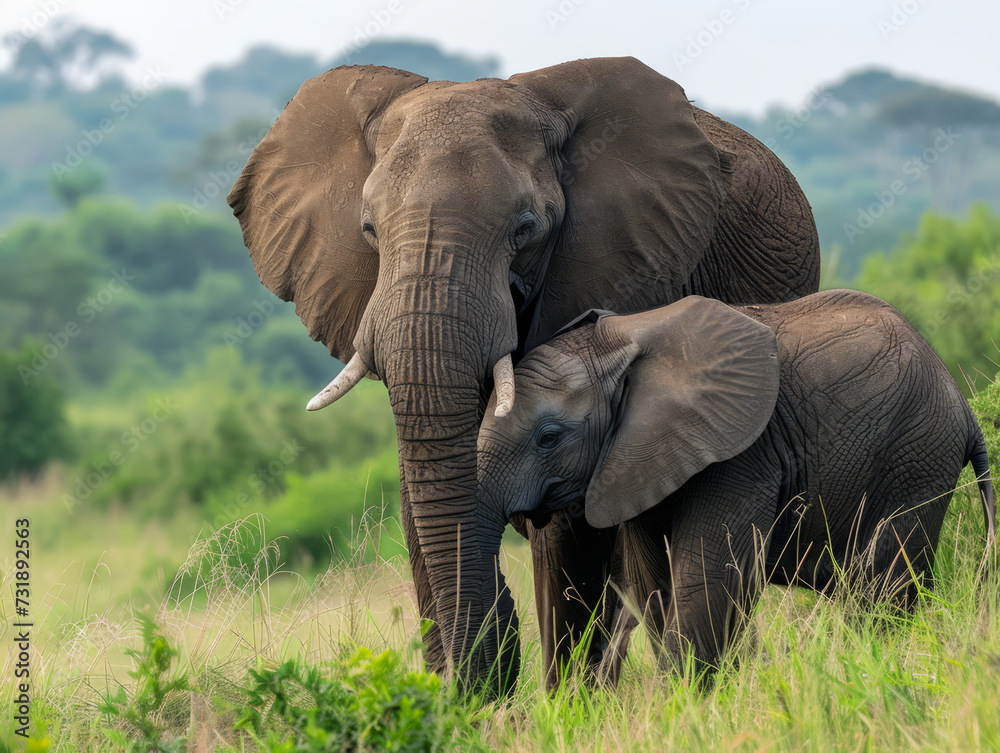 Fototapeta premium Mother elephant and calf walking through grass in wild nature.