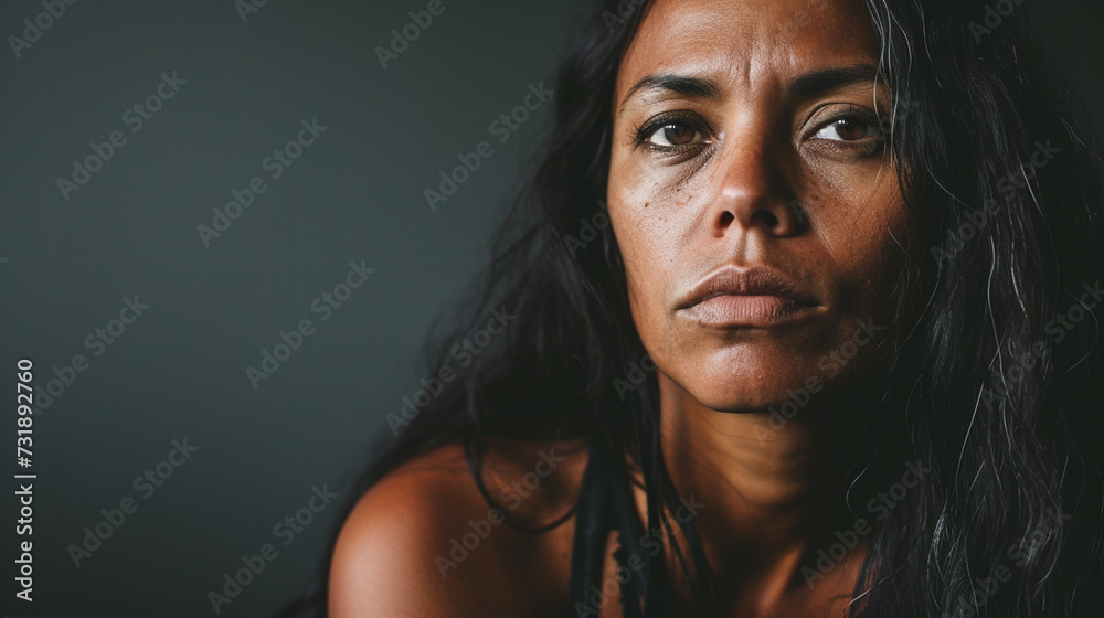 Sorrow's Embrace: Aboriginal Australian Woman Reflecting Sadness and Grief, Isolated Against Solid Background with Copy Space Sorrow's Embrace: Aboriginal Australian Woman Reflecting Sadness and Grief, Isolated Against Solid Background with Copy Space