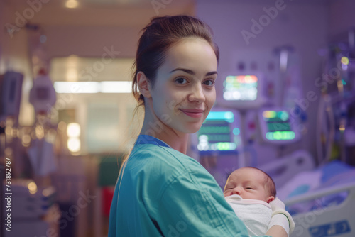 Portrait of a young smiling nurse holding a newborn baby in her arms in the hospital  looking straight at the camera 