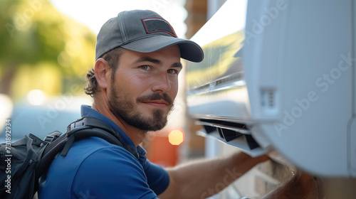 Air conditioner technician working on installation outside. Generative AI.