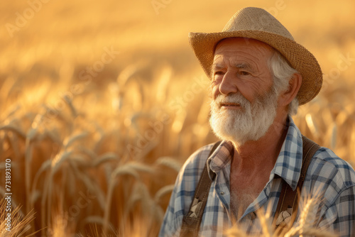 Elderly farmer wearing a hat standing in a field of ripe wheat. Agriculture and harvest theme 