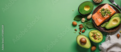Keto diet concept - salmon, avocado, eggs, nuts and seeds, bright green background, top view. Ai Generated