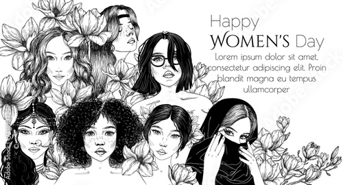 Vector illustration for International Women's Day. Set of 7 girls of different nationalities in magnolia flowers photo