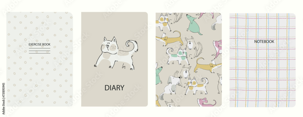 Set of cover page vector templates based on seamless patterns with doggies. Perfect for school exercise books, notebooks, kids diaries