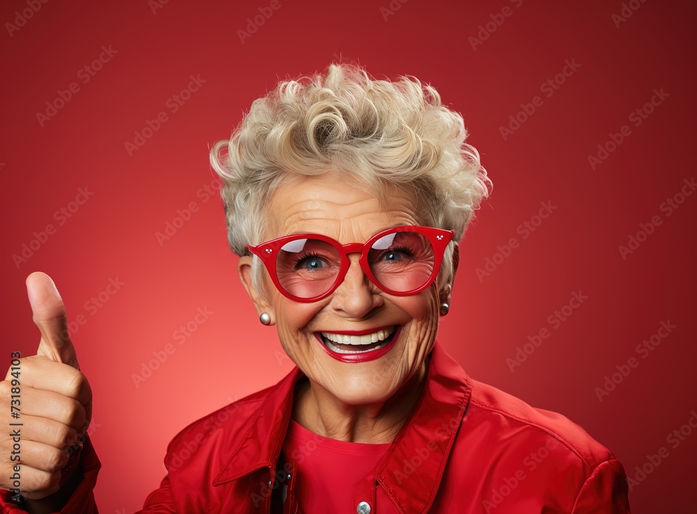 older woman, grandmother, gray-haired, smiling with thumbs-up ok symbol on red background with copy space