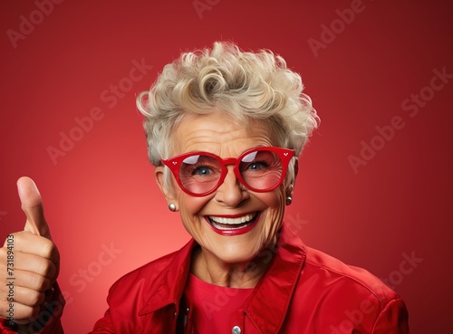 older woman, grandmother, gray-haired, smiling with thumbs-up ok symbol on red background with copy space