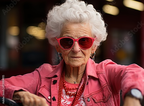 photograph of grandmother dressed in pink rocker clothes and fancy sunglasses leaning on a car. mother celebrating international mother's day.