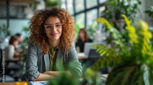 Portrait of a smiling curly-haired businesswoman wearing glasses, with a green office space filled with plants in the background, confident businesswoman smiling in office environment.