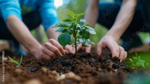 Close-up of hands carefully planting a young green sapling in fertile soil  depicting environmental care and reforestation  hands planting young tree in soil.