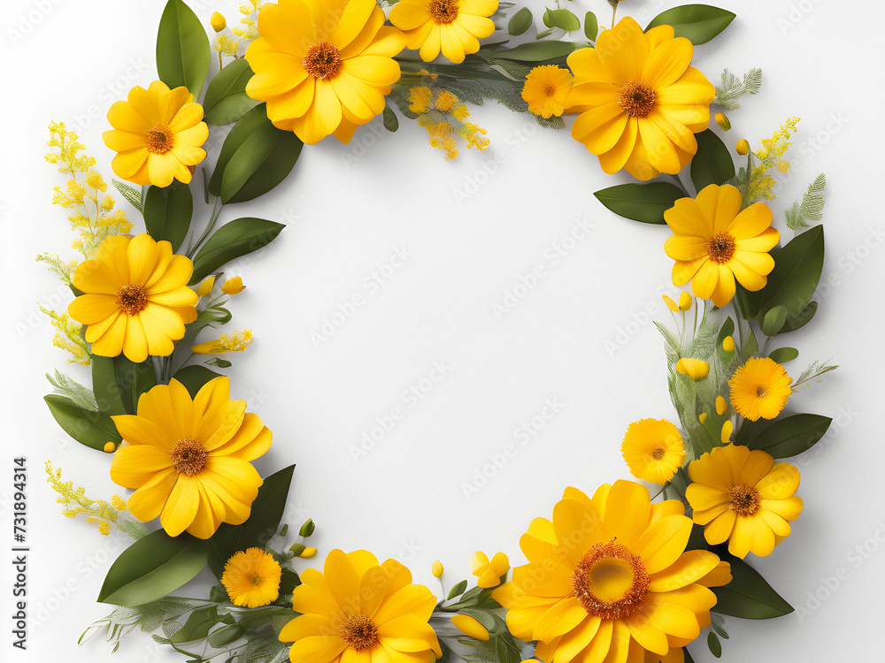 Fototapeta premium Sunny Serenity: Vibrant Yellow Flower Wreath on White Background. generative AI