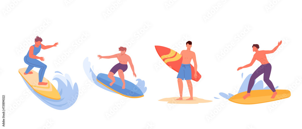 Young men riding surfboards. Active male characters set in swimwear surfing ocean wave on summer holidays. Sport recreation