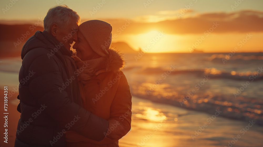 Affectionate Senior Couple Embracing and Sharing a Joyful Moment on the Beach. Golden Years and Companionship Concept