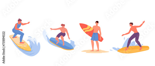 Young men riding surfboards. Active male characters set in swimwear surfing ocean wave on summer holidays. Sport recreation