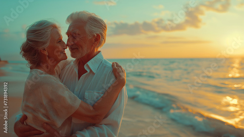 Affectionate Senior Couple Embracing and Sharing a Joyful Moment on the Beach. Golden Years and Companionship Concept