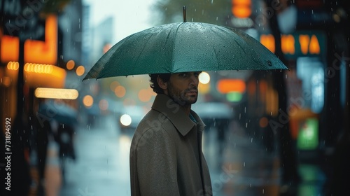 A man holding a green compact umbrella in the rain in a gray coat. Generative AI.