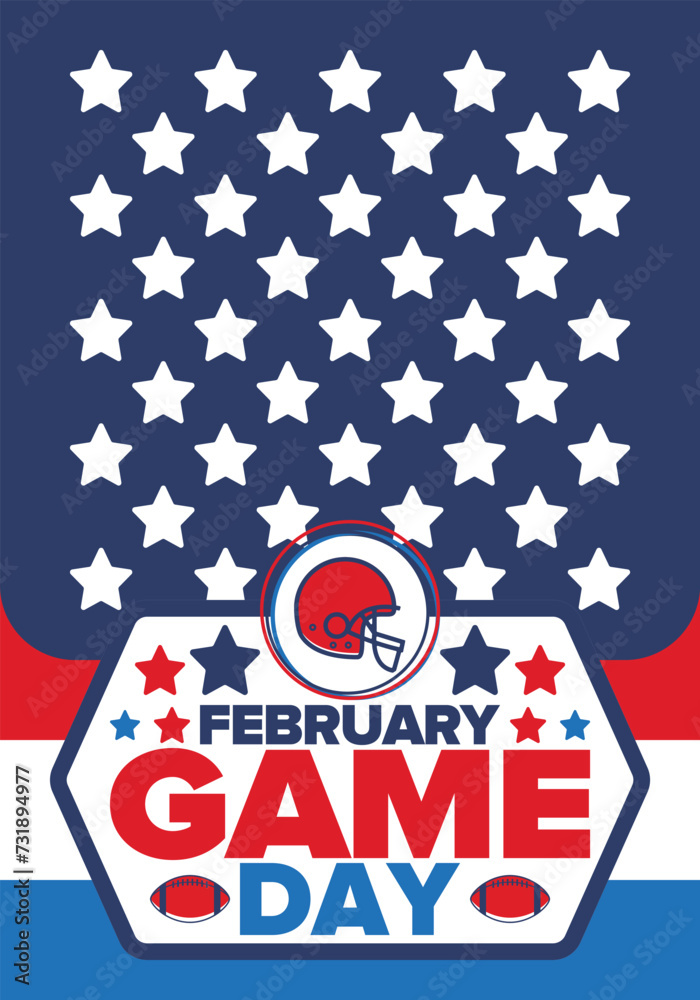 Obraz premium Game Day. American football playoff. Super Party in United States. Final game of regular season. Professional team championship. Ball for american football. Sport poster. Vector illustration