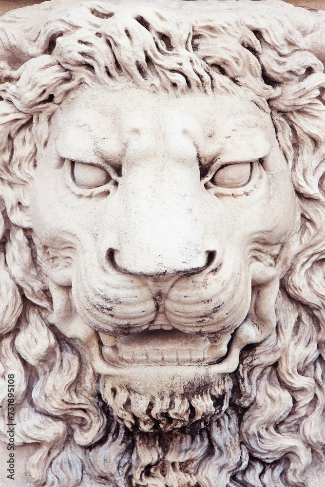 Sculpture of a medieval lion head of stone (Italy) - frontal view