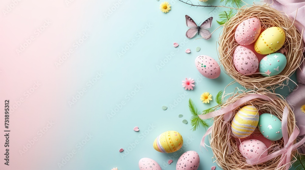 Easter Basket Filled With Colorful Eggs and Spring Decorations on a pastel background with copy space.