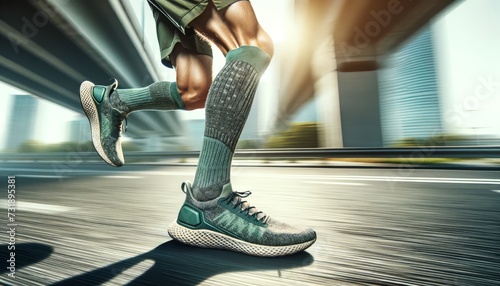 Runner's legs in motion, eco-gear from recycled materials shows speed. Fast legs in green shoes, running past blurry city sights.
