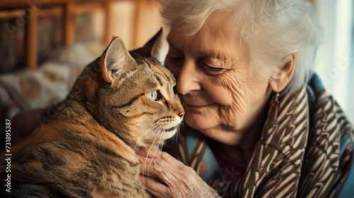 elderly woman scratching her cute cat, beloved pet, poster