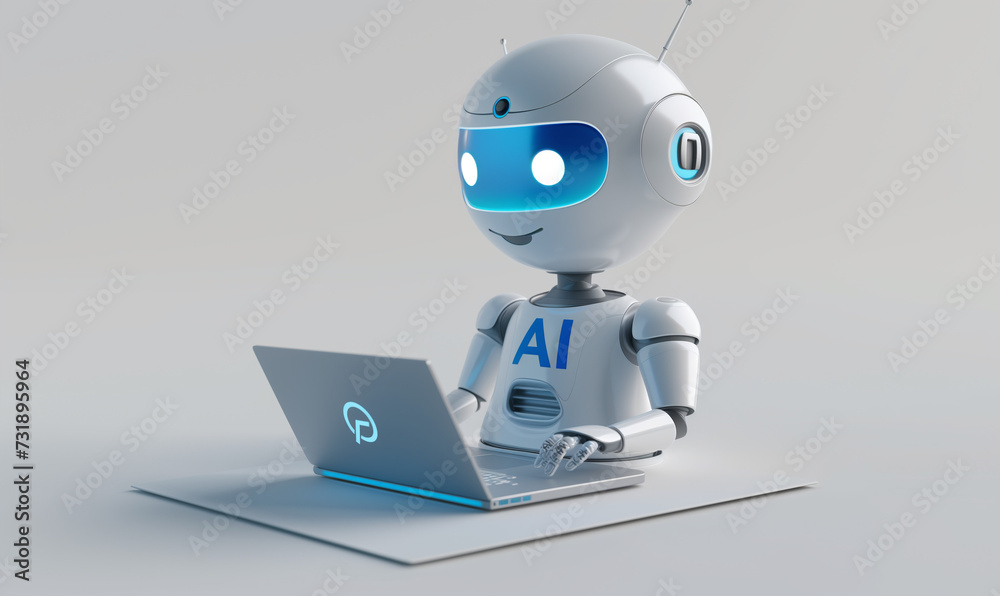 Cute AI robot 3D Rendered Illustration of Robotic Working on Laptop Automation on white Background isolated