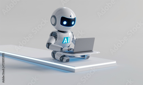 Cute AI robot 3D Rendered Illustration of Robotic Working on Laptop Automation on white Background isolated