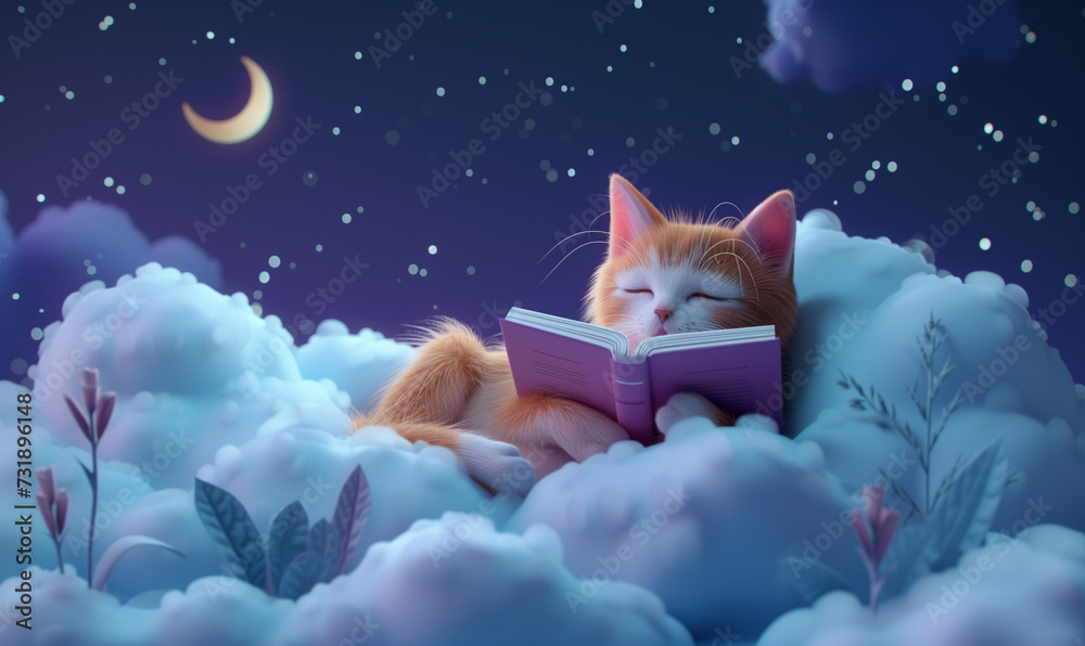 Cozy Anti-Stress Atmosphere: 3D Render of a Cute Cat Reading in Clouds Under Moonlight, reading a book in a Peaceful and Relaxing Scene calm Illustration