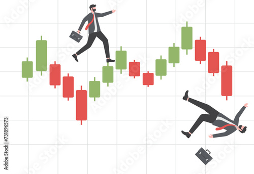 Financial Crisis, Stock market downfall concept. Bankrupt businessman falling down with his stocks crash shares graph.
