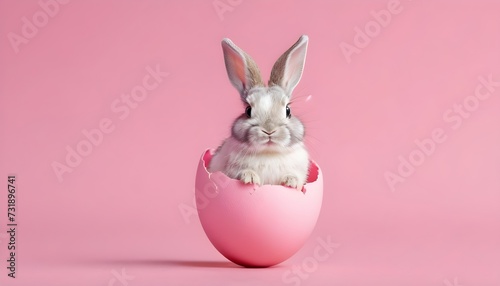  Cute Easter bunny hatching from pink Easter egg isolated on pastel pink background with copy space  Happy Easter banner with adorable rabbit © JazzRock