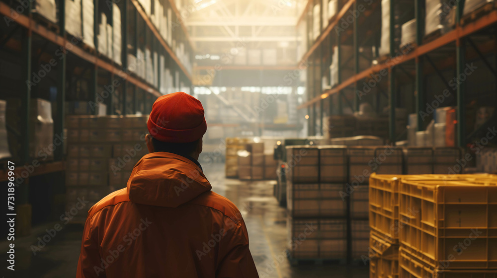 back view of asia warehouse worker working in the background a large goods storage warehouse back view of asia warehouse worker working in the background a large goods storage warehouse