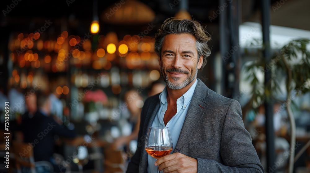 Confident Mature Businessman with a Charming Smile Holding Wine Glass at Formal Networking Event. Corporate Leadership Concept.