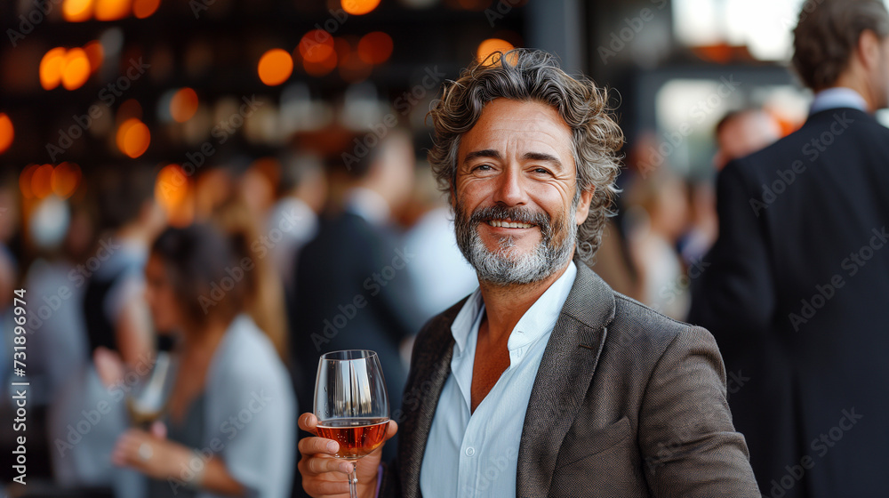 Confident Mature Businessman with a Charming Smile Holding Wine Glass at Formal Networking Event. Corporate Leadership Concept. Confident Mature Businessman with a Charming Smile Holding Wine Glass at Formal Networking Event. Corporate Leadership Concept.