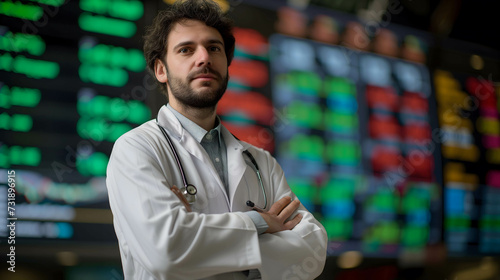 portrait of confident doctor on stock market background, Investing in stocks and funds in the medical sector concept