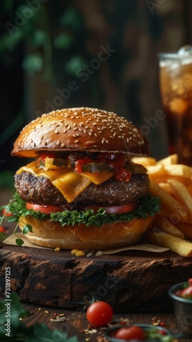 Beef burger on bread with fries with roasted bacon and cheese next to it, toppings and soda on a piece of wood