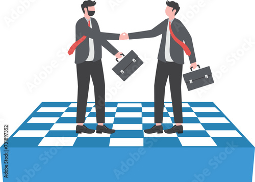 Consensus building and strategic partnership. Businessman firmly shaking hands standing on giant chess board

