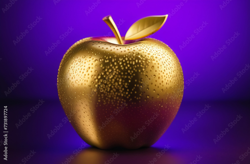 Obraz premium A large golden apple in close-up on a bright purple background