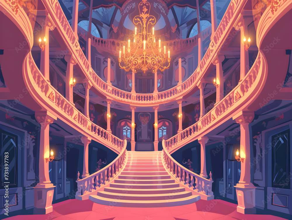 Obraz premium Luxurious Classical Ballroom with Modern Twist - Grand Interior Design Illustration Featuring Ornate Staircases and Plush Red Carpet | Concept of Elegance and Affluence