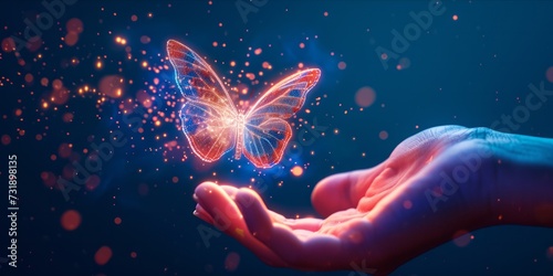Hand releasing a glowing, digital butterfly.