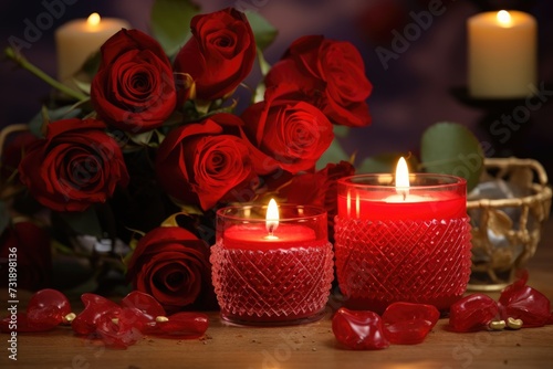 A photo of two red candles and a bouquet of red roses arranged on a table.