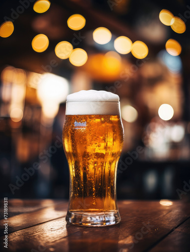 close-up of a pint of beer with bubbles rising to the surface and blurred pub background