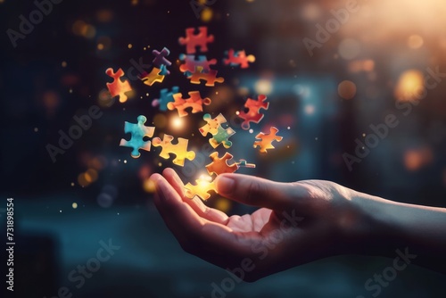 Hand with floating puzzle pieces representing a business solution.