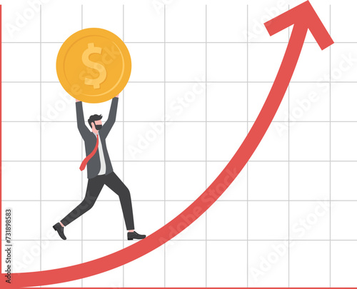 Financial and economic growth, increase in investment portfolio and savings, growth in income and wages, profitability of investments and stocks, man carries coin along the growing arrow of the graph.