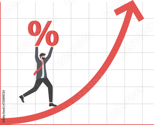 Investment and financial growth, increase in the interest rate on deposit, improvement in the economy and GDP growth, increase in wages and savings, man carries percent on the arrow of growing graph.
