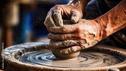 Expert hands shape clay on a traditional pottery wheel, capturing the essence of artisan craftsmanship and the intricate process of creating handmade art