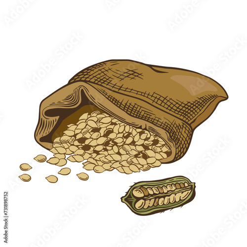 Jute bag with white sesame seeds isolated on white background.