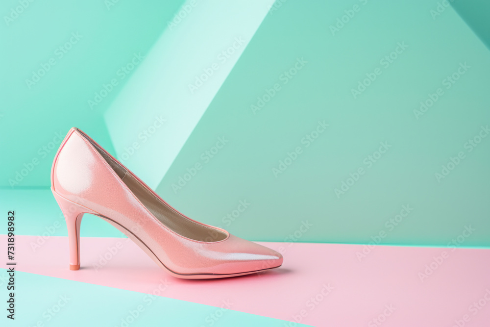 Stylish pink female shoes on pastel background, copy space.