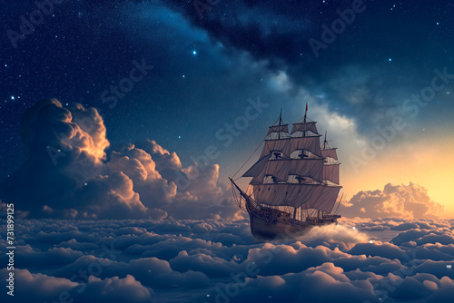 As twilight blends into night, a grand sailing ship voyages across a sea of clouds under a star-speckled sky, its sails full of wind, on the cusp between day and night photo