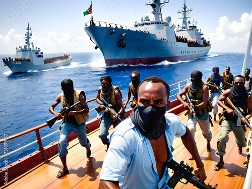 Terrifying Encounter: Somali Pirates Boarding Merchant Vessel. generative AI photo